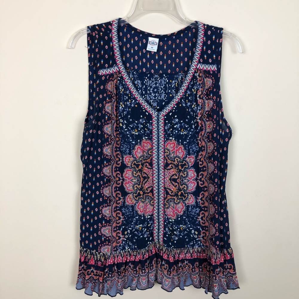 Bila Boho Navy Print Aztec Trim Ruffle